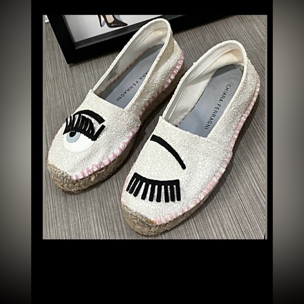 Chiara Ferragni Espadrille Jute Platforms w/ Winking Eye White  Glitter Size 5